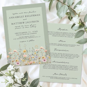 Invitación Boda floral silvestre de verde salvia todo en uno