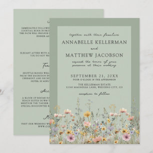 Invitación Boda floral silvestre de verde salvia todo en uno