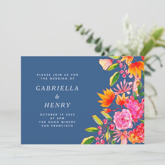 Invitación Boda floral simple acuarela azul rosa naranja (Anverso de pie)