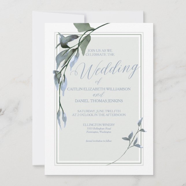 Invitación Boda floral simple azul (Anverso)
