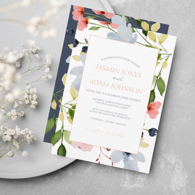 Invitación Boda floral simple boho azul y rosa (Subido por el creador)
