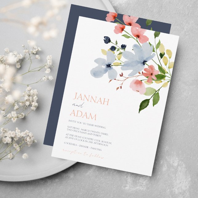 Invitación Boda floral simple boho azul y rosa (Subido por el creador)