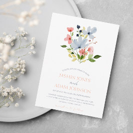 Invitación Boda floral simple boho azul y rosa