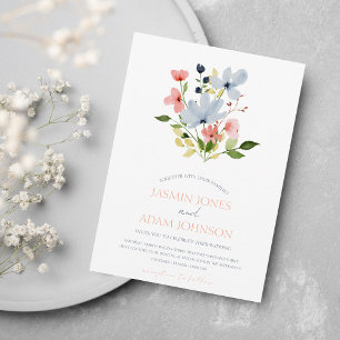 Invitación Boda floral simple boho azul y rosa