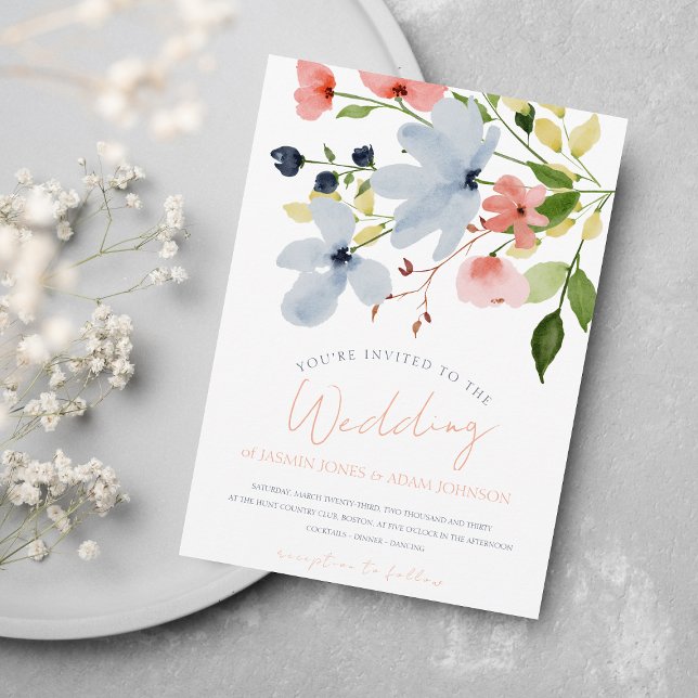 Invitación Boda floral simple boho azul y rosa (Subido por el creador)