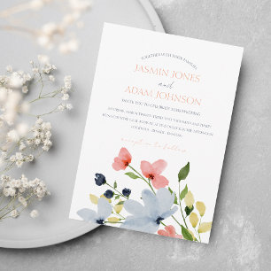 Invitación Boda floral simple boho azul y rosa