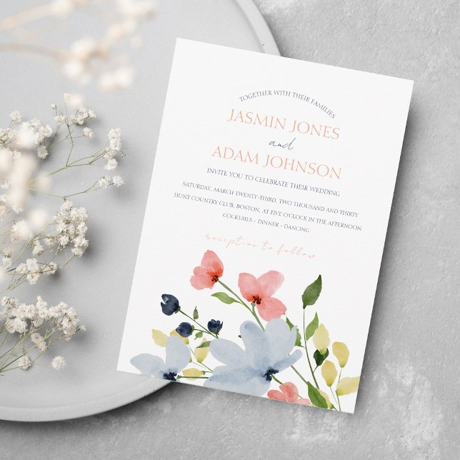 Invitación Boda floral simple boho azul y rosa (Subido por el creador)
