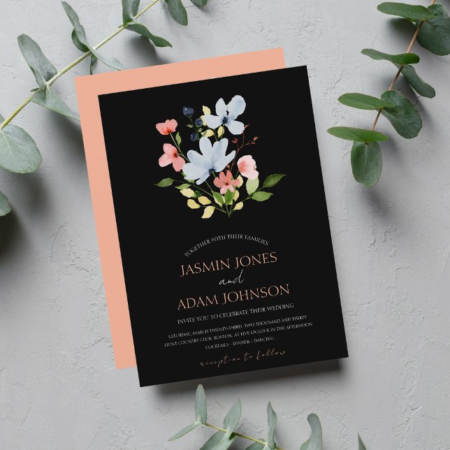 Invitación Boda floral simple boho negro y rosa (Subido por el creador)