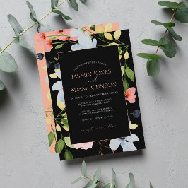 Invitación Boda floral simple boho negro y rosa