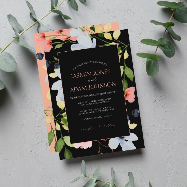 Invitación Boda floral simple boho negro y rosa (Subido por el creador)