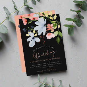Invitación Boda floral simple boho negro y rosa