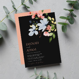 Invitación Boda floral simple boho negro y rosa