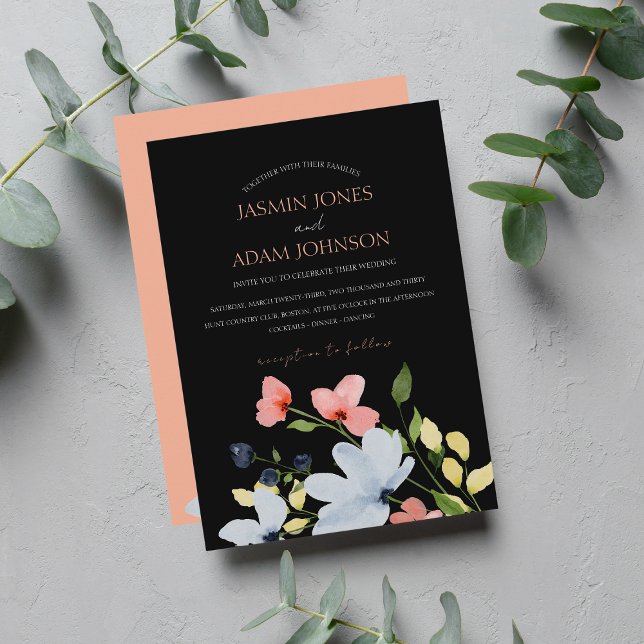 Invitación Boda floral simple boho negro y rosa (Subido por el creador)