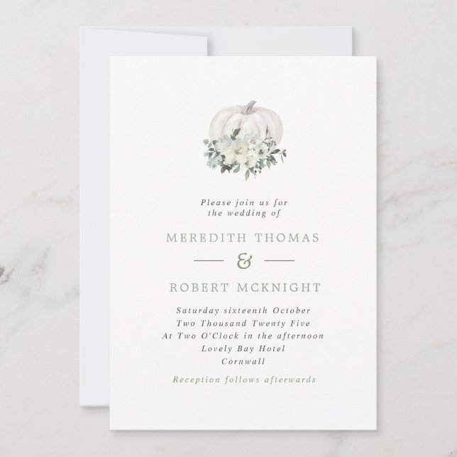 Invitación Boda floral simple de calabaza blanca y salada (Anverso)