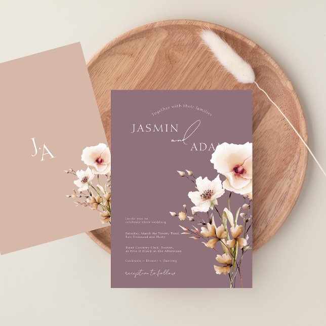 Invitación Boda floral simple de flores silvestres púrpura y  (Simple Purple Pink Wildflowers Wedding Invitation)