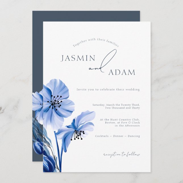 Invitación Boda floral simple de opulencia azul real (Anverso / Reverso)