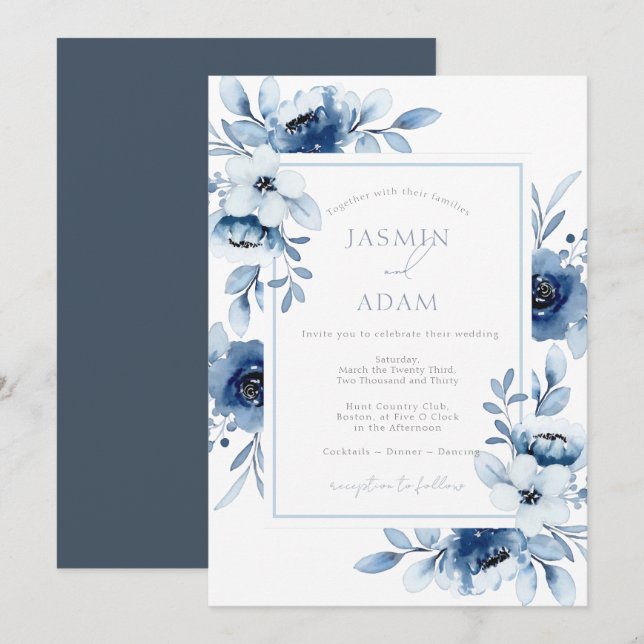 Invitación Boda floral simple de opulencia azul real (Anverso / Reverso)