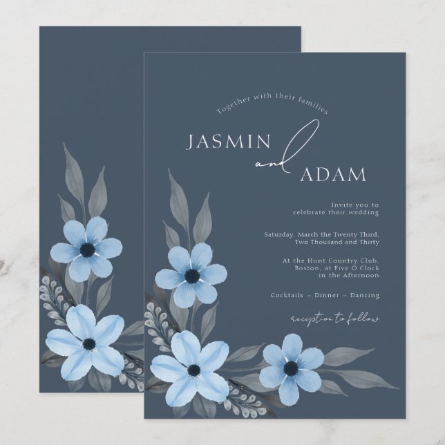 Invitación Boda floral simple de opulencia azul real (Anverso / Reverso)