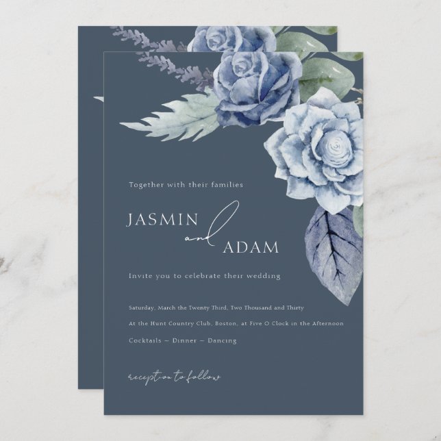 Invitación Boda floral simple de Rosas azules (Anverso / Reverso)