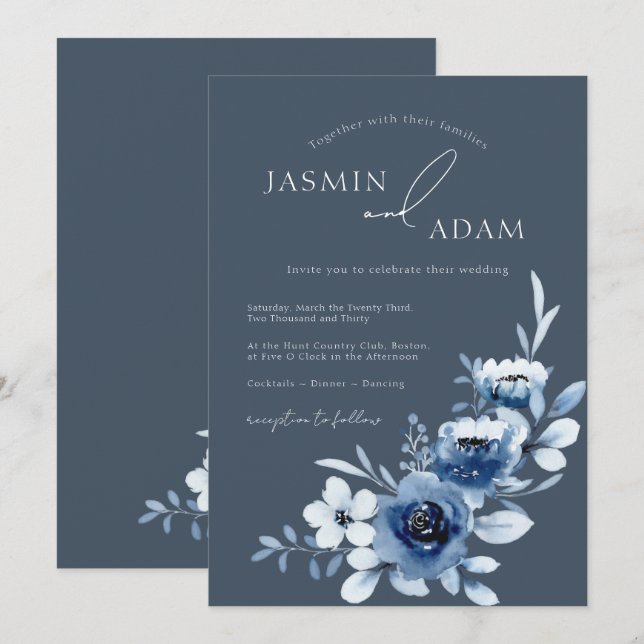Invitación Boda floral simple de Rosas azules (Anverso / Reverso)