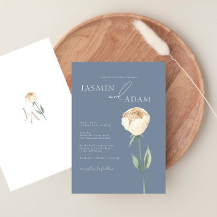 Invitación Boda floral simple elegante azul polvoriento oro r