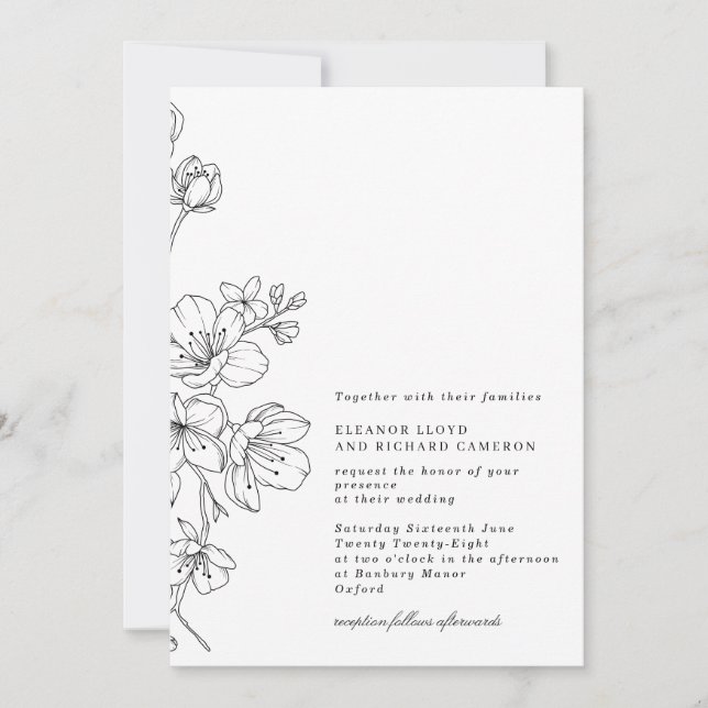Invitación Boda floral simple en blanco y negro (Anverso)