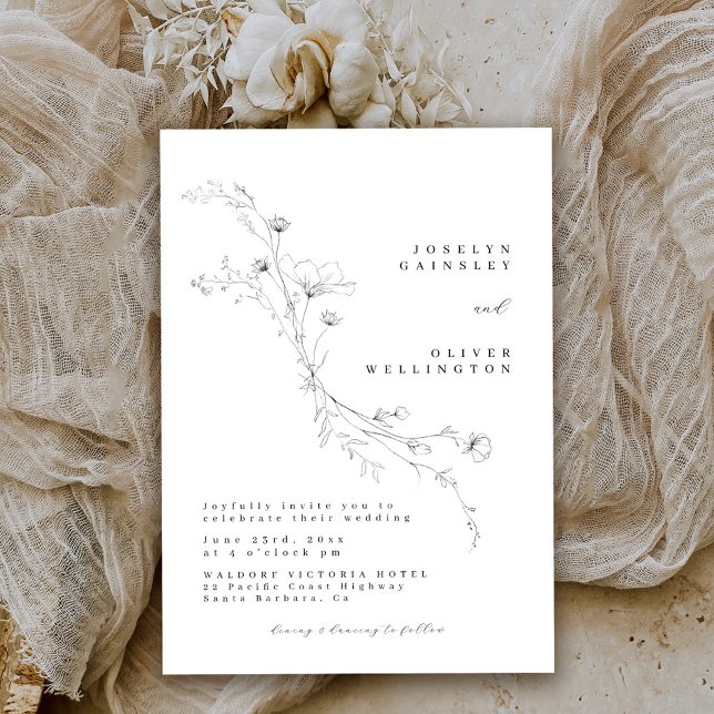 Invitación Boda Floral Simple en Blanco y Negro (Subido por el creador)