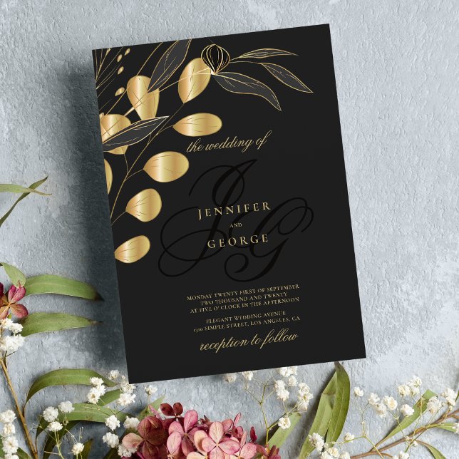 Invitación Boda floral simple en monograma de oro negro (Simple black gold monogram initials floral wedding )