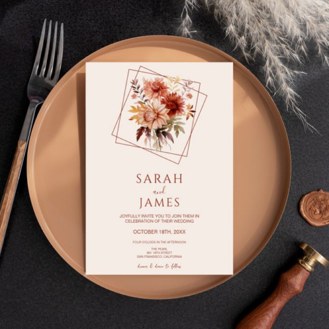 Invitación Boda floral simple Naranja quemado por terracota (Subido por el creador)