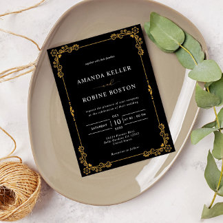Invitación Boda floral simple y elegante negro y dorado