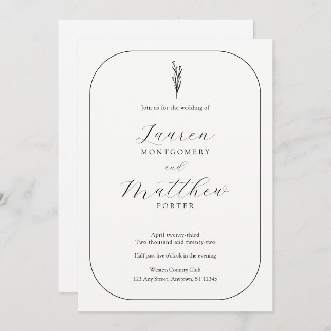 Invitación Boda floral simple y moderno negro y blanco (Anverso / Reverso)