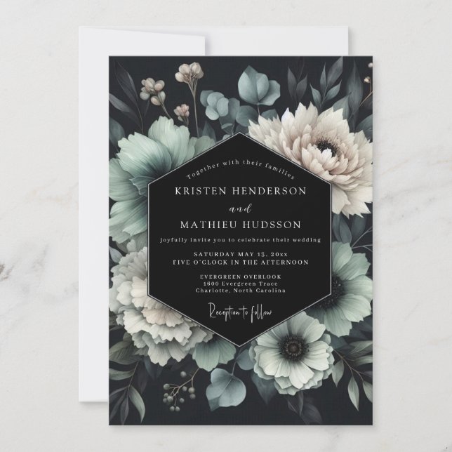 Invitación Boda Floral Slate Teal Noir (Anverso)