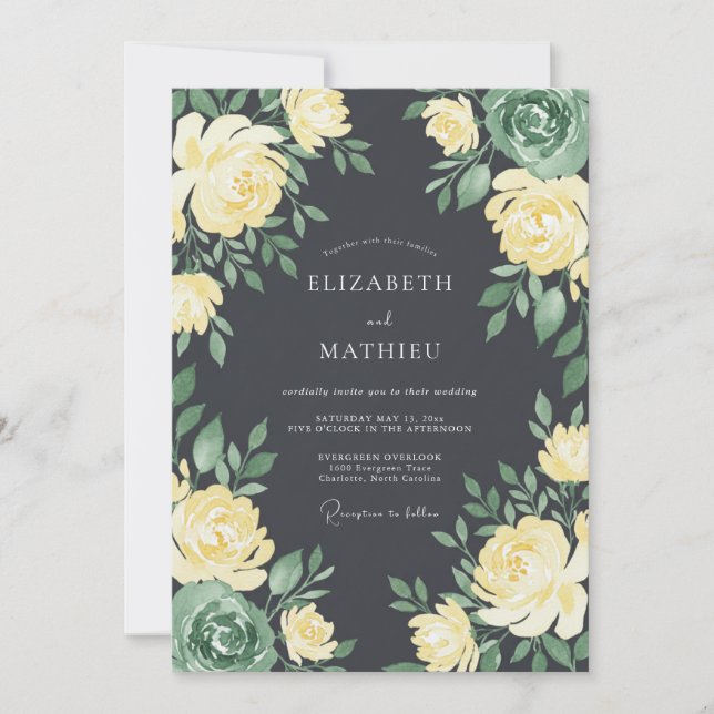 Invitación Boda floral sofisticada con carbón (Anverso)