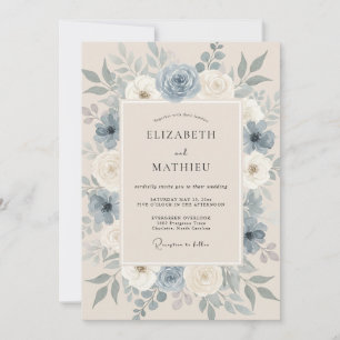 Invitación Boda floral sofisticada de azul acero