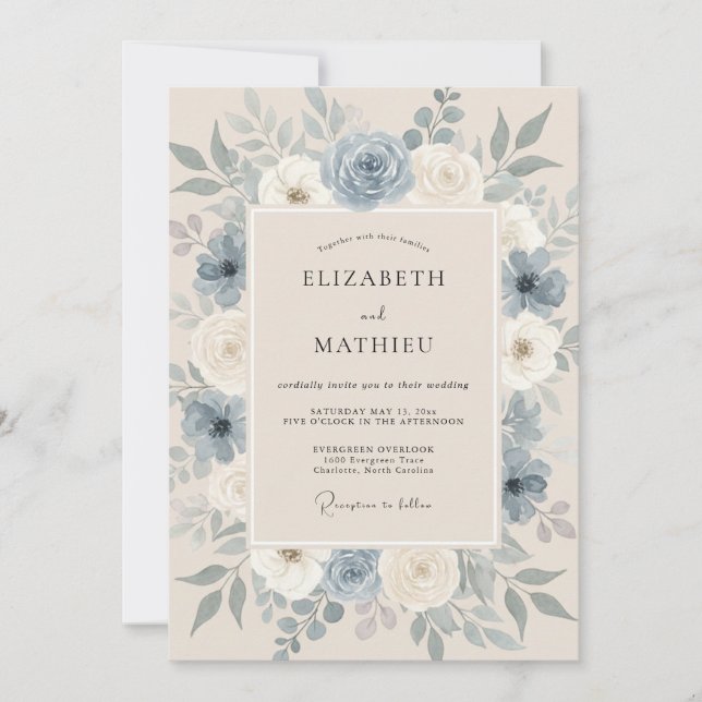 Invitación Boda floral sofisticada de azul acero (Anverso)
