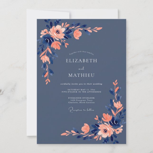 Invitación Boda floral sofisticada de azul marino (Anverso)