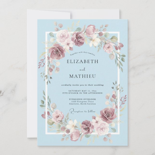 Invitación Boda floral sofisticada de azul polvo (Anverso)