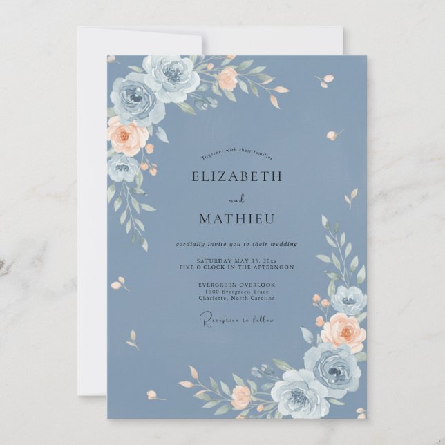 Invitación Boda floral sofisticada de azul polvoriento (Anverso)