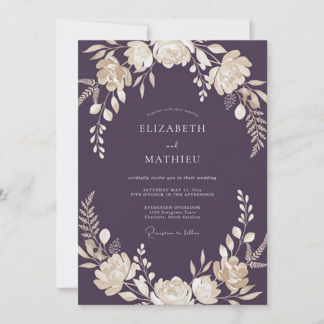 Invitación Boda floral sofisticada de ciruela (Anverso)