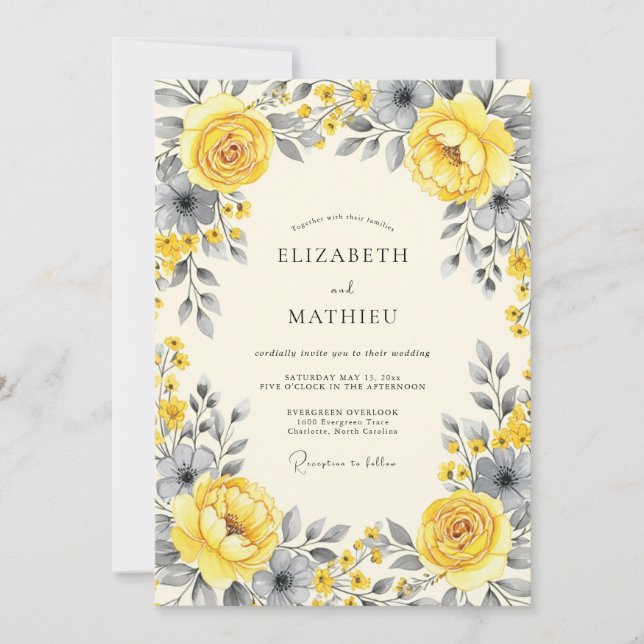 Invitación Boda floral sofisticada de pizarra amarilla (Anverso)