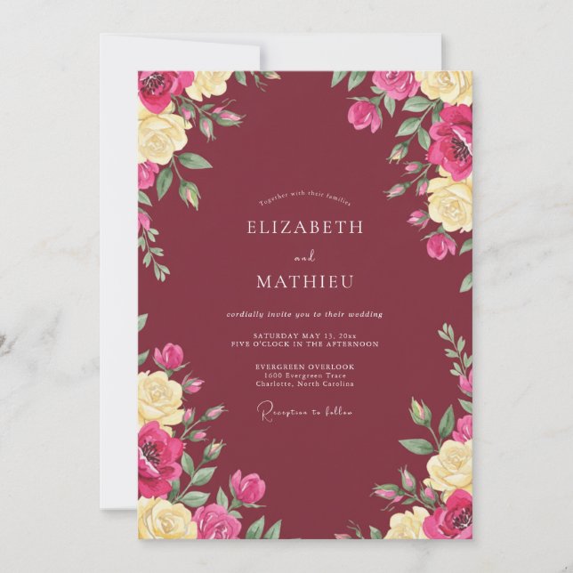 Invitación Boda floral sofisticada de rojo vino (Anverso)