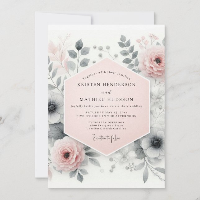 Invitación Boda floral sofisticada de rosa sonrojado (Anverso)