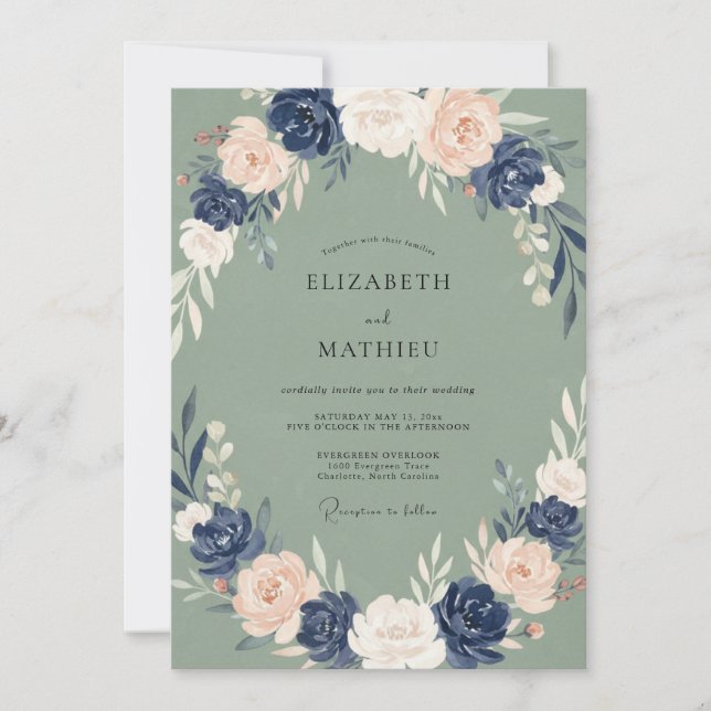 Invitación Boda floral sofisticada de verde salvia y azul mar (Anverso)