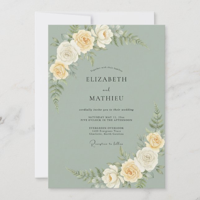 Invitación Boda floral sofisticada en verde salvia (Anverso)