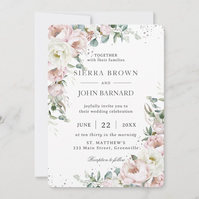 Invitación Boda floral Soft Rubor Pink Ivory Peonies (Anverso)