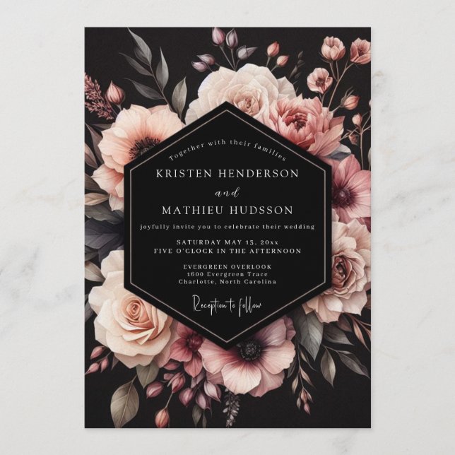 Invitación Boda floral sombría con carbón (Anverso)