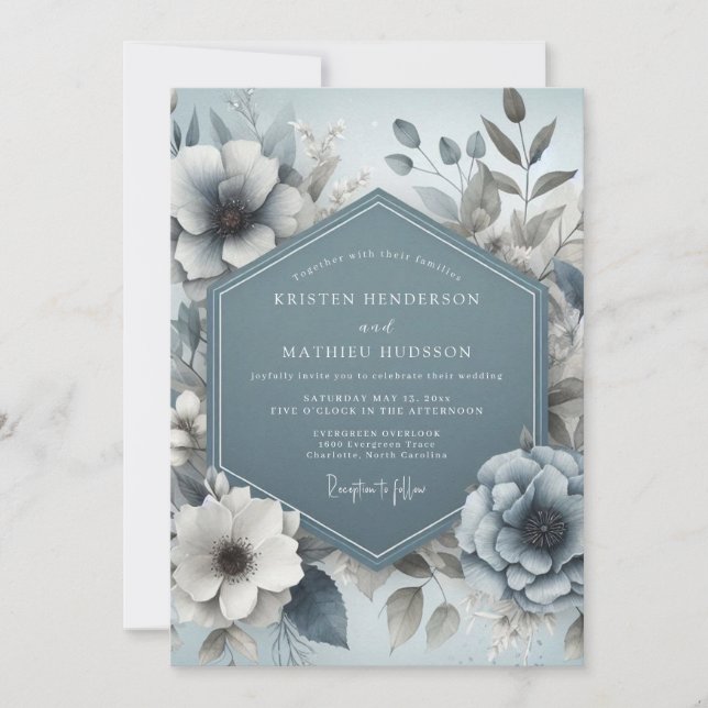 Invitación Boda floral soñadora azul pizarra (Anverso)