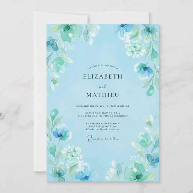 Invitación Boda Floral Soñadora de Azul Cielo (Anverso)