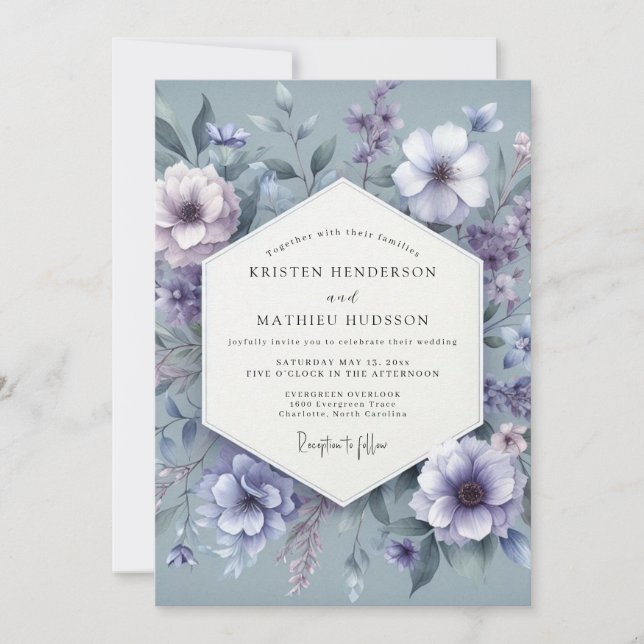 Invitación Boda Floral Soñadora de Azul Polvoriento (Anverso)