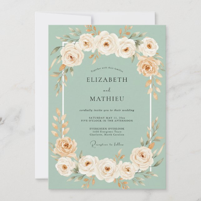 Invitación Boda Floral Soñadora de Melocotón y Menta (Anverso)